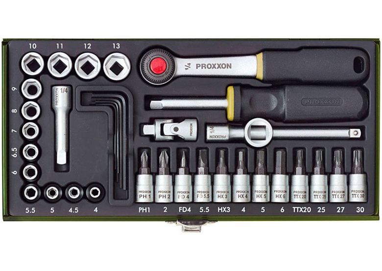 Klucze nasadowe 1/4'', zestaw 36 elementów dla mechaników Proxxon PR23080